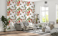 Green stems and blooms on Garden Birds Wallpaper with light base