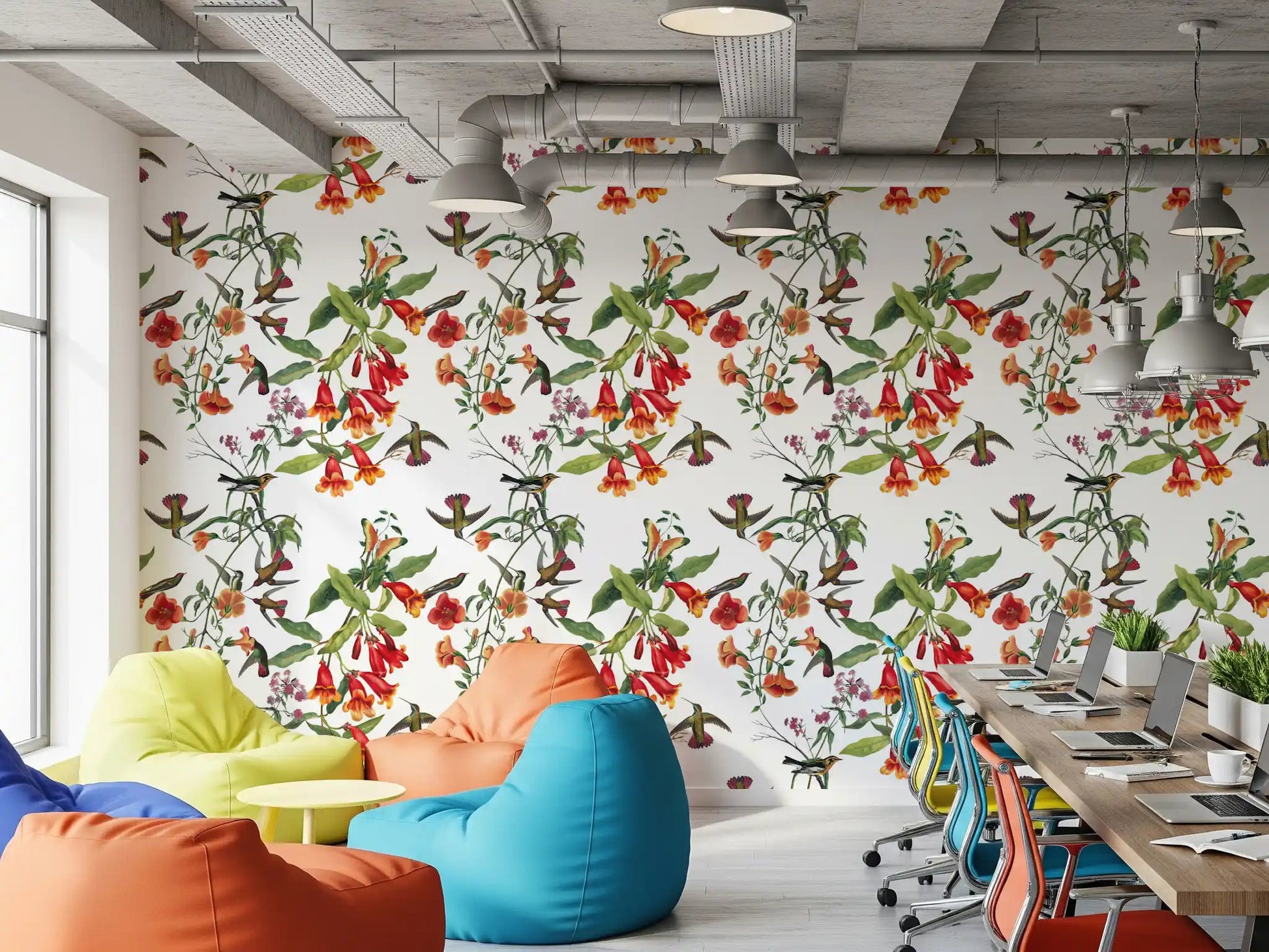 Pale background with Exotic Garden Birds Wallpaper and red blossoms