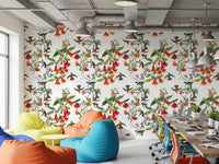 Pale background with Exotic Garden Birds Wallpaper and red blossoms