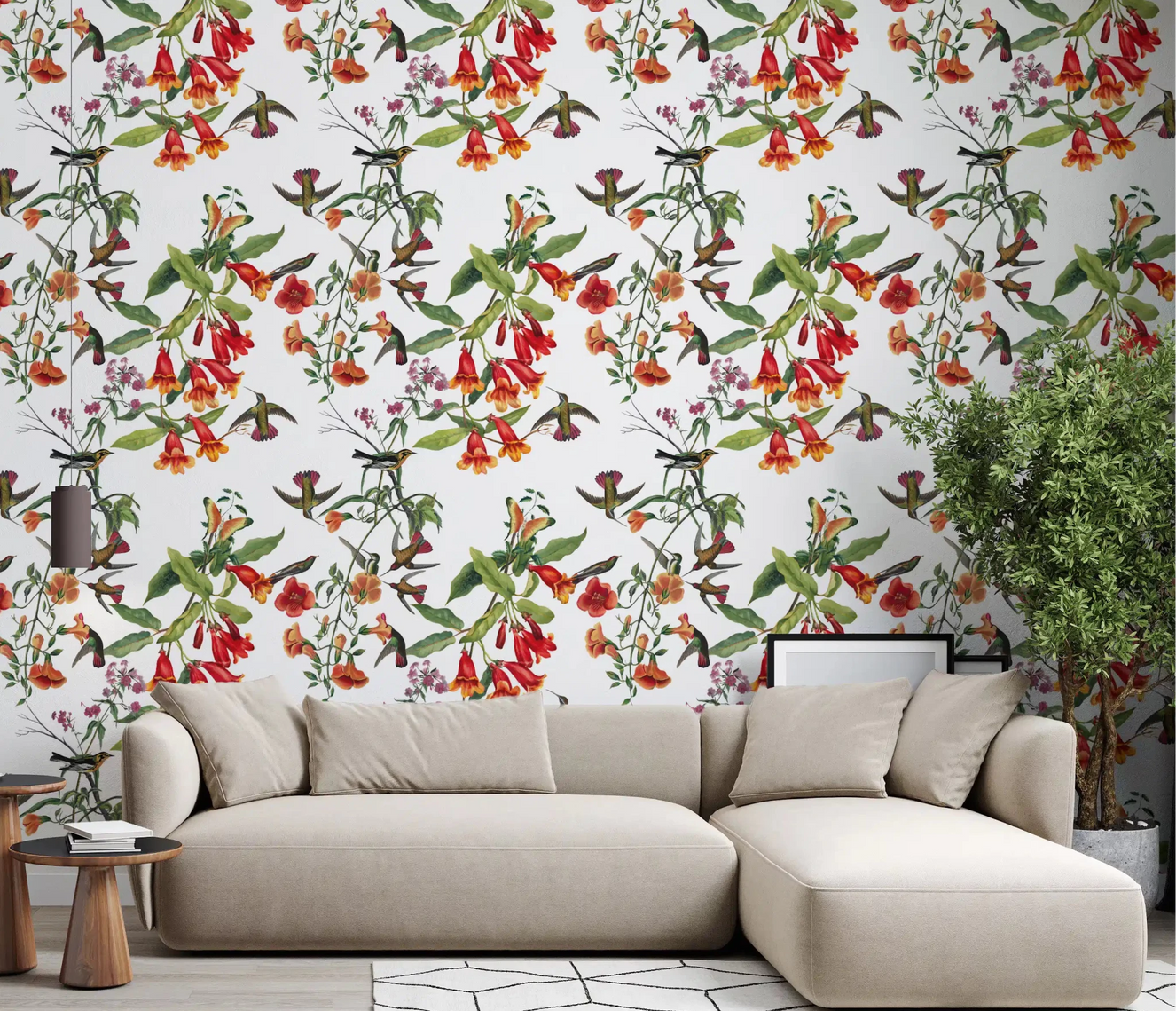 Decorative floral surface in Tropical Flowers Wallpaper with birds