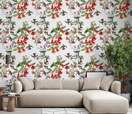 Decorative floral surface in Tropical Flowers Wallpaper with birds, GD9342