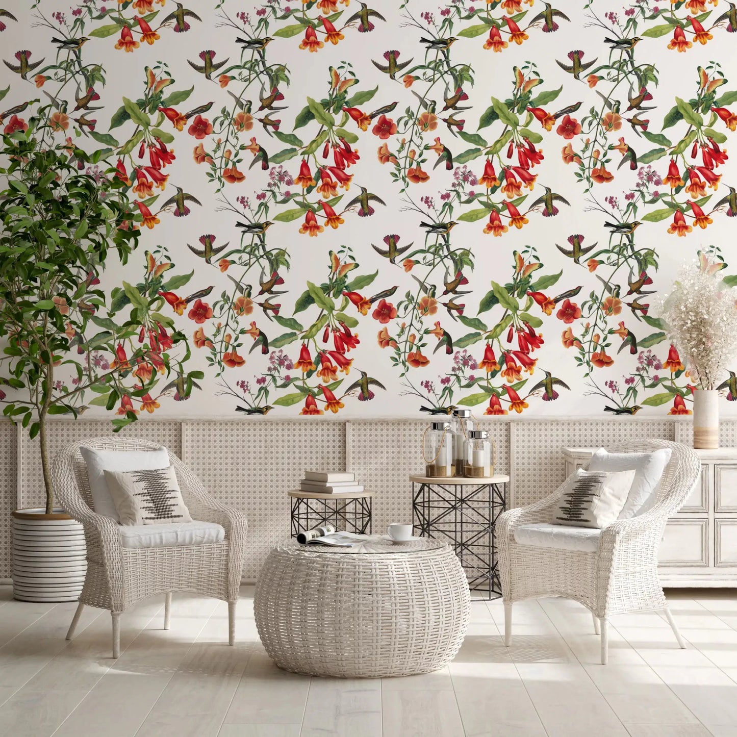 Hallway corner with Garden Birds and Tropical Flowers Wallpaper detail