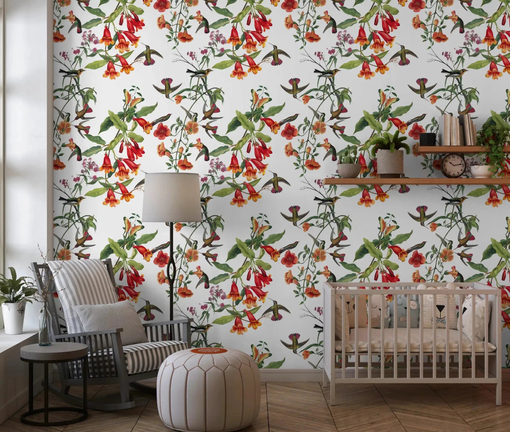 Colorful bird motifs across Exotic Garden Wallpaper with foliage