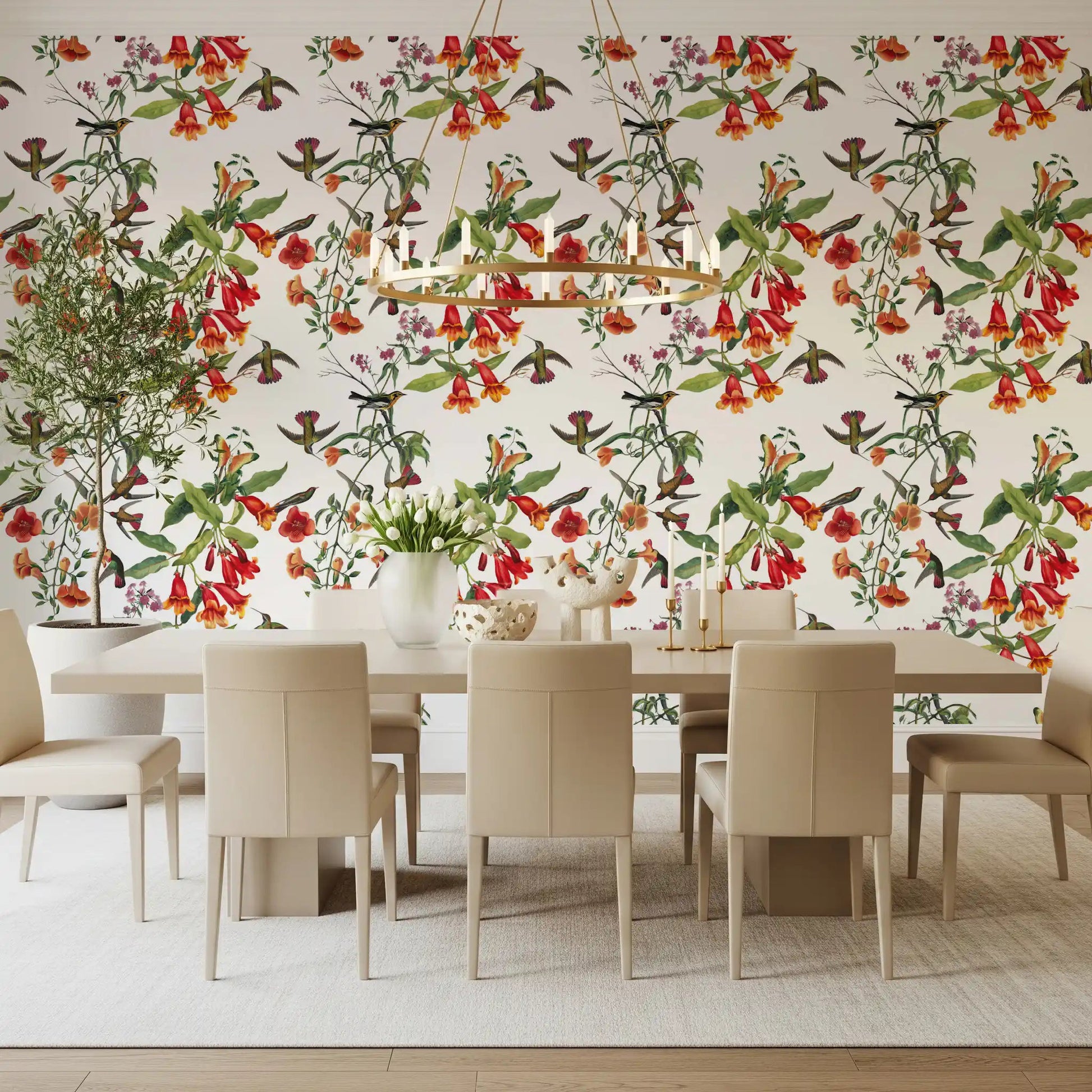 Dining room styled in Tropical Flowers Wallpaper with leafy bird pattern