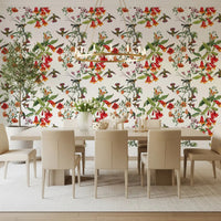 Dining room styled in Tropical Flowers Wallpaper with leafy bird pattern