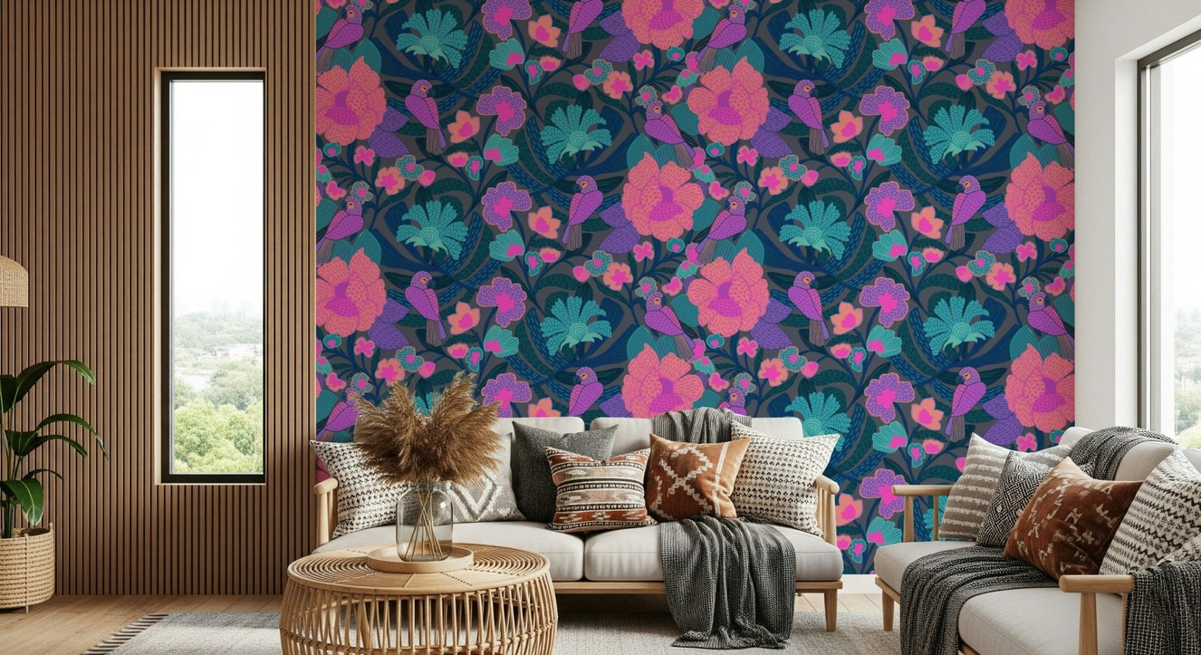 Lush floral wall mural for a contemporary bedroom design.