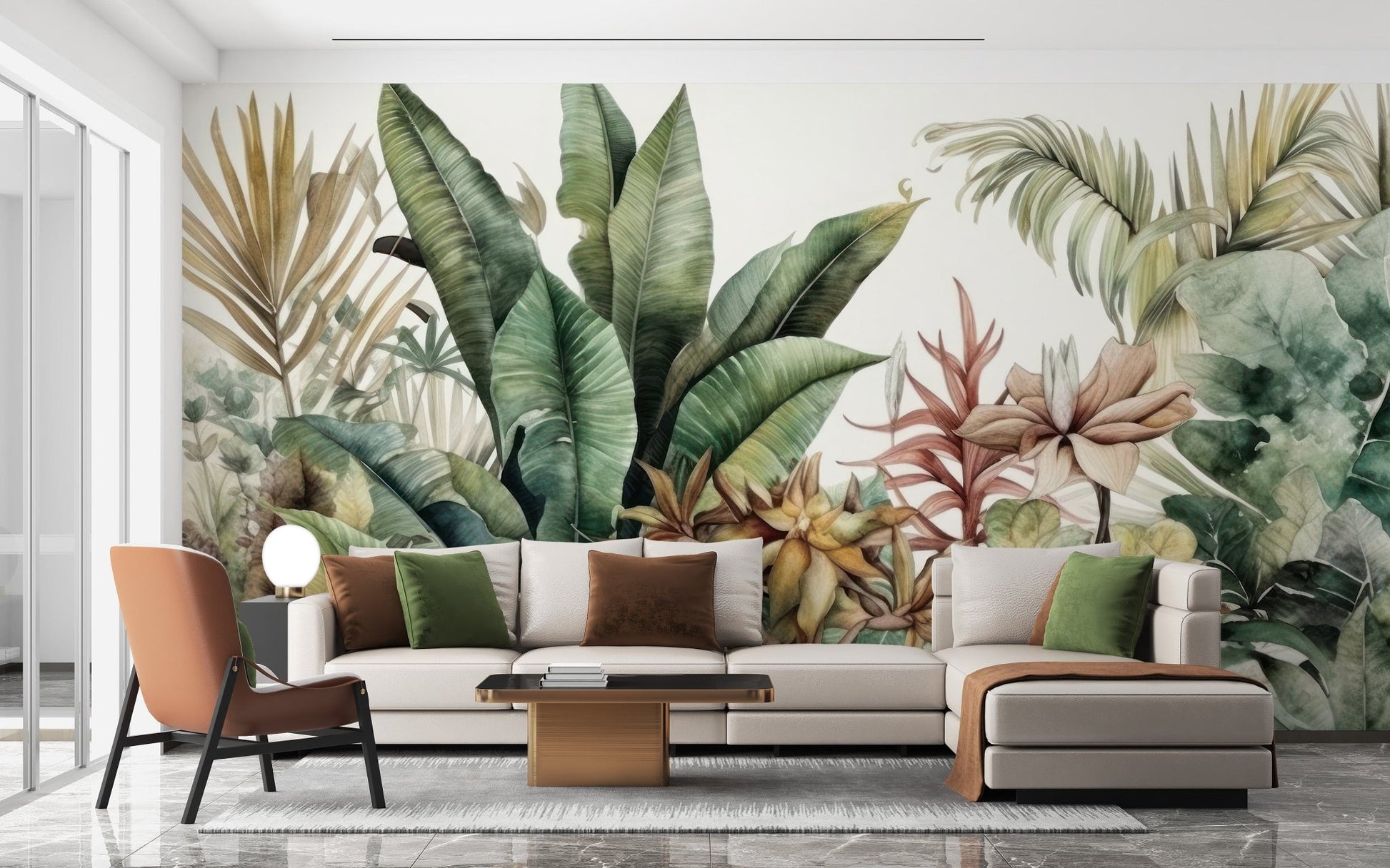 Nature-themed exotic greenery wallpaper for living rooms., C58