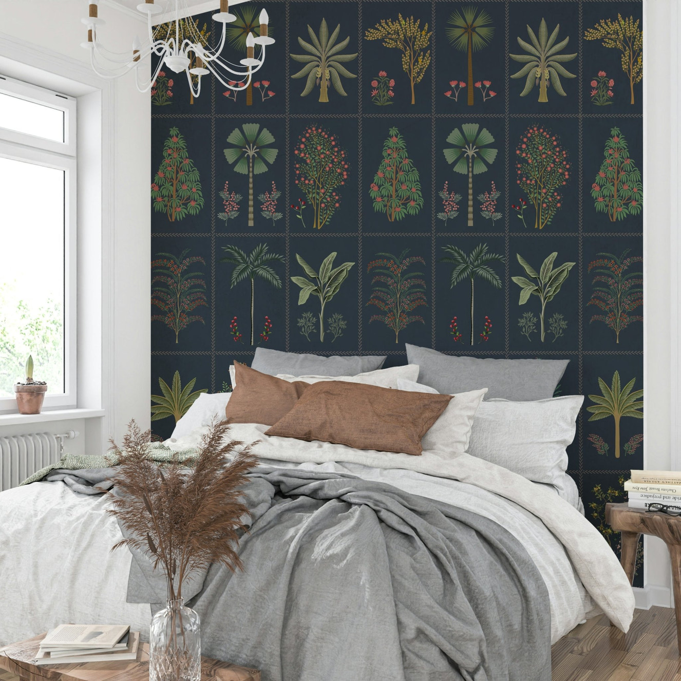 A full-wall mural showing a pattern of tropical leaves inside geometric tiles.
