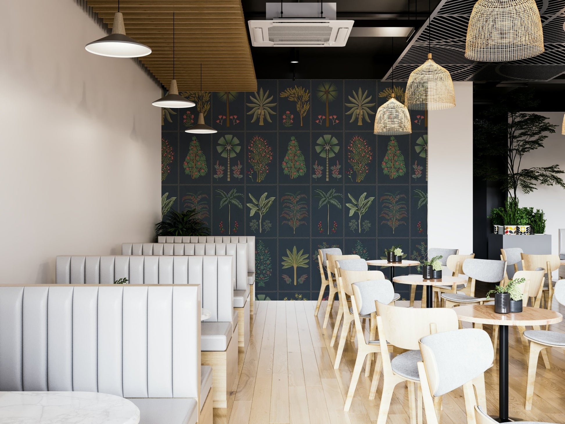 The design has a repeated pattern, but each tile has a slightly different arrangement.
