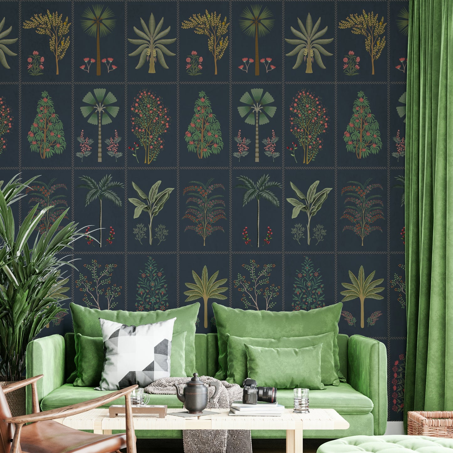 The mural is created for an entire wall, providing a modern, tiled look.
