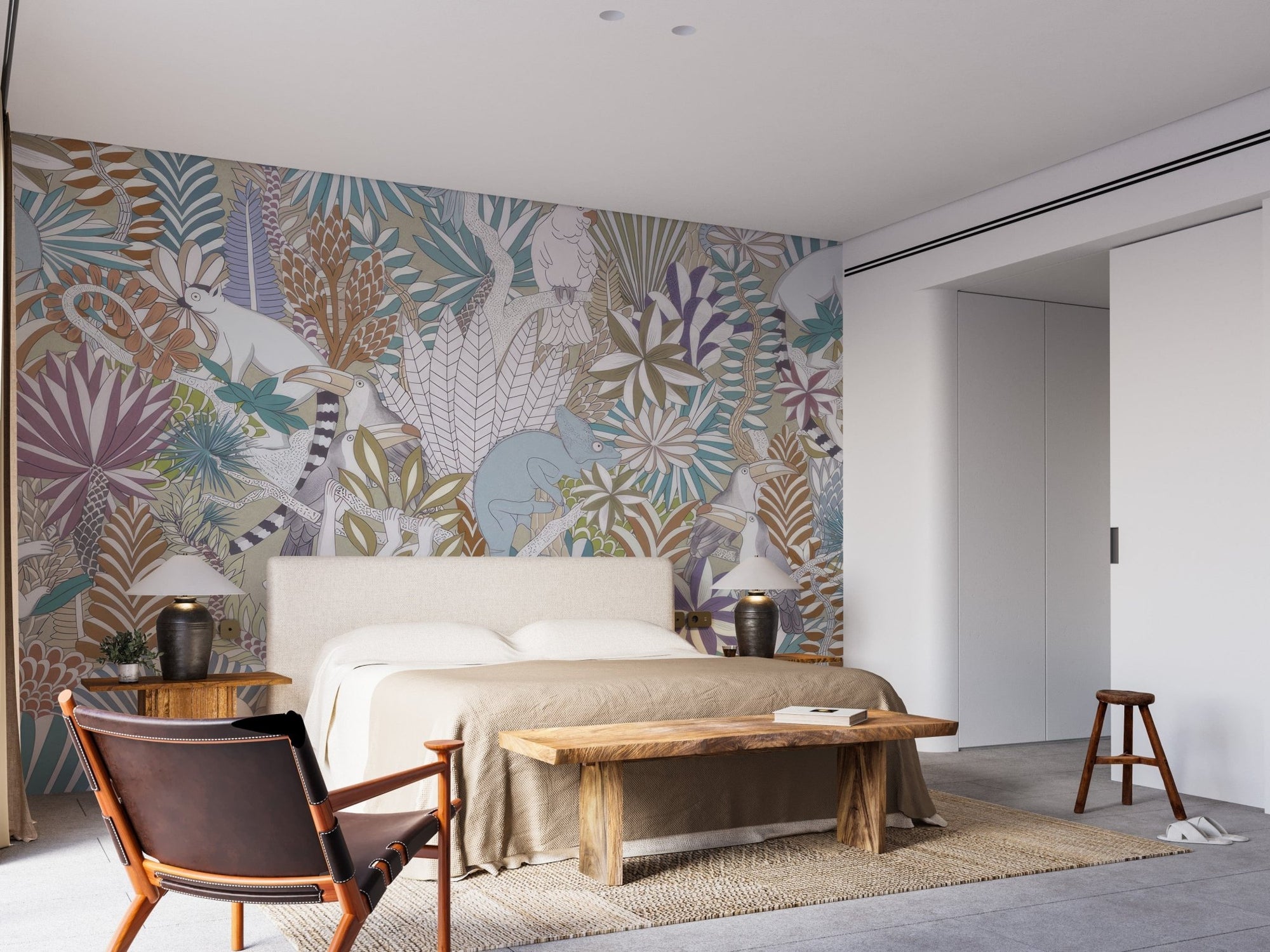 Vibrant wildlife and jungle leaves wallpaper, C39