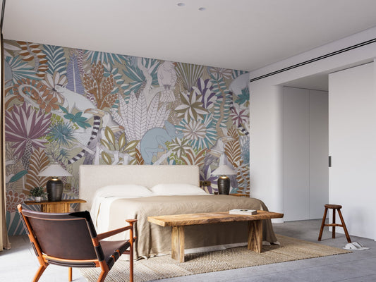 Vibrant wildlife and jungle leaves wallpaper, C39