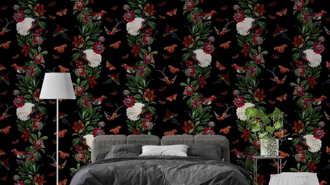Dark floral exotic nights wallpaper with moonlight accent

