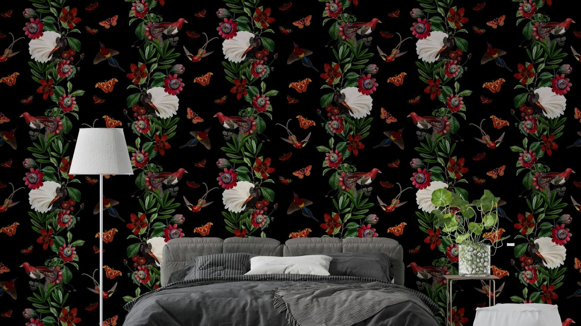 Dark floral exotic nights wallpaper with moonlight accent

