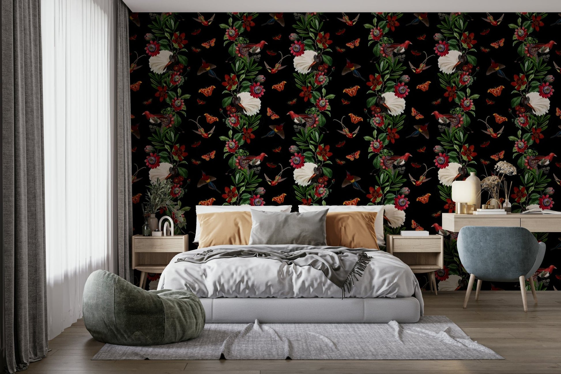 Bold botanical wallpaper under moonlit sky ambiance

