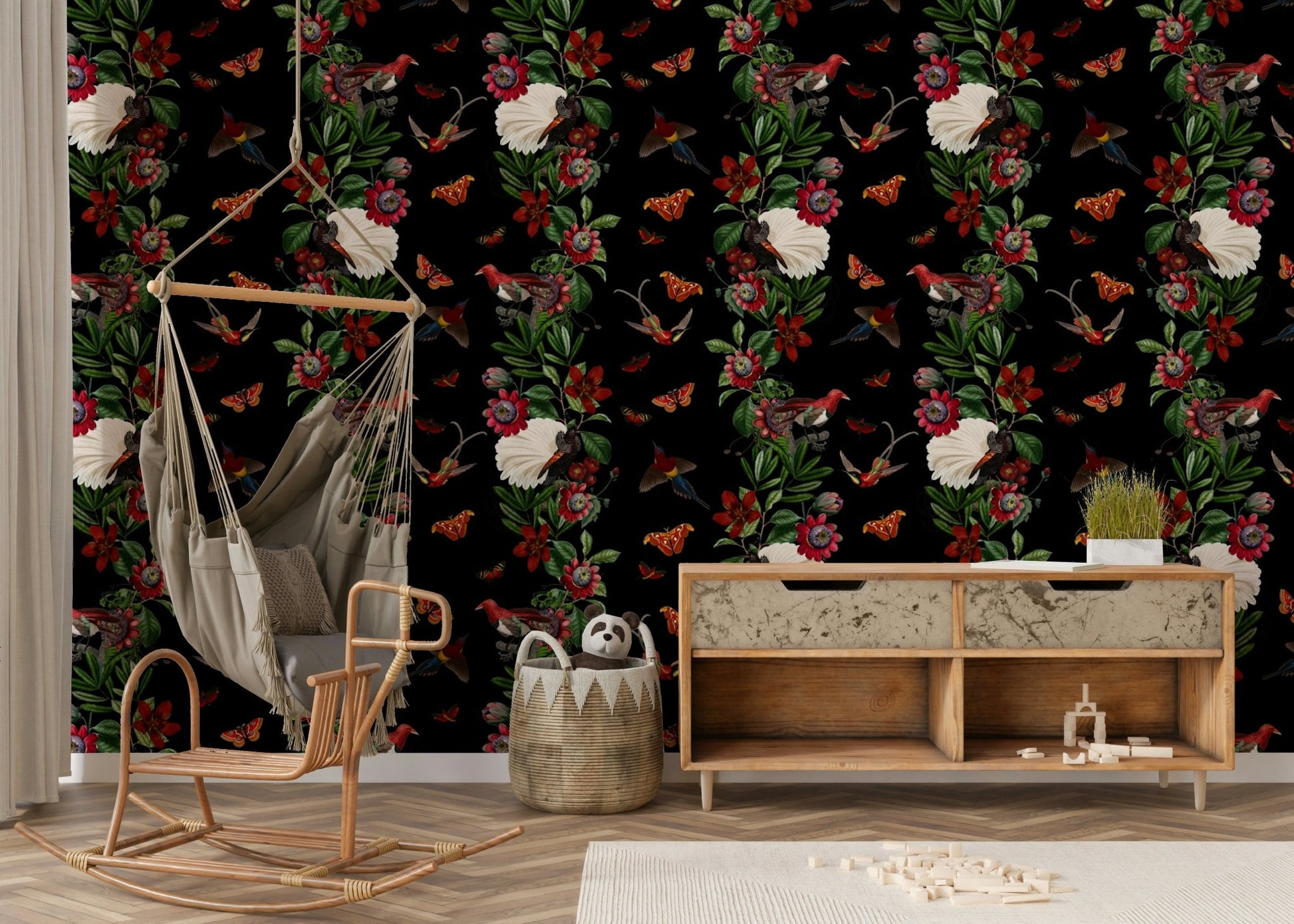 Moody nature wallpaper for dramatic living room decor

