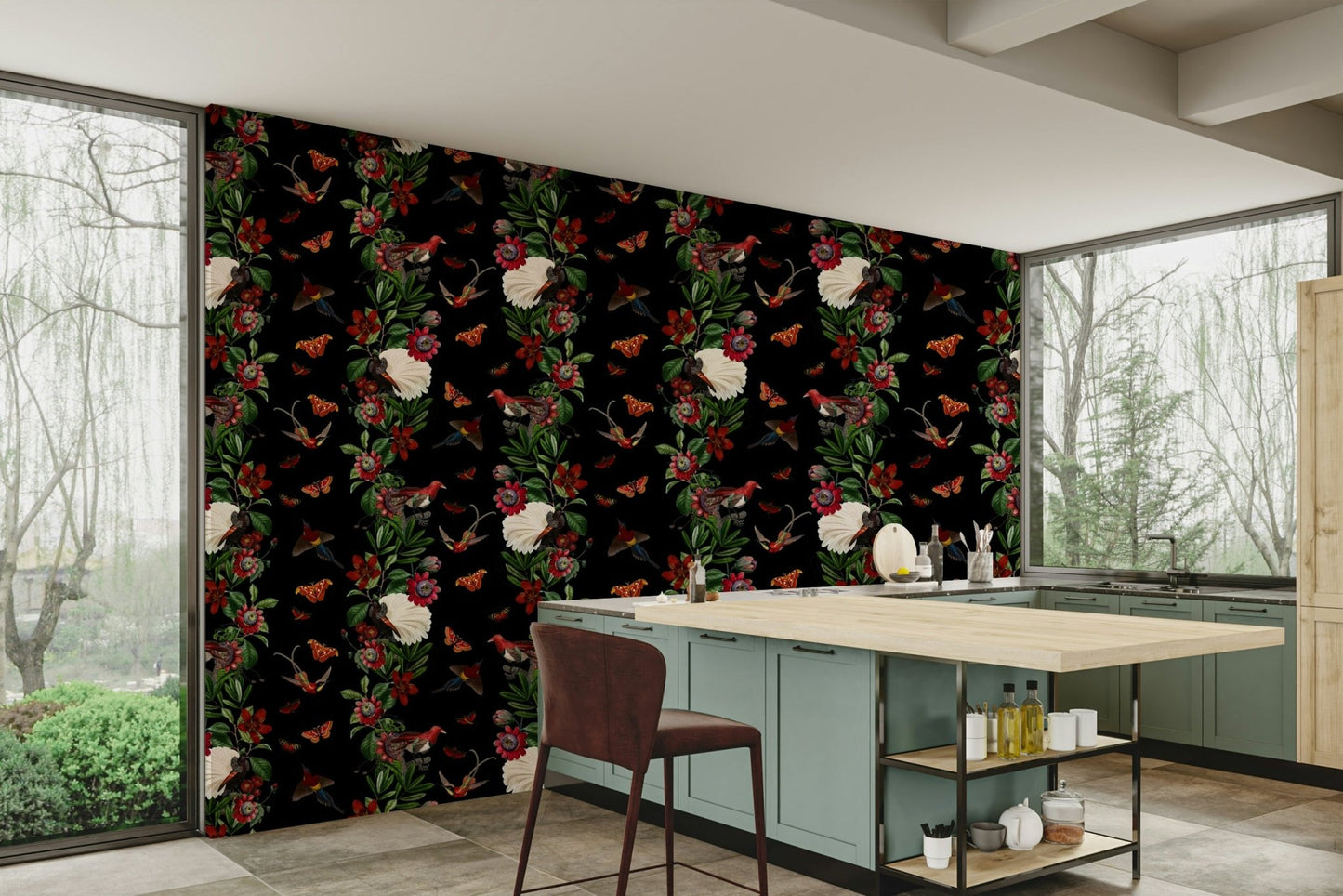 Midnight tropical wallpaper with golden leaf patterns

