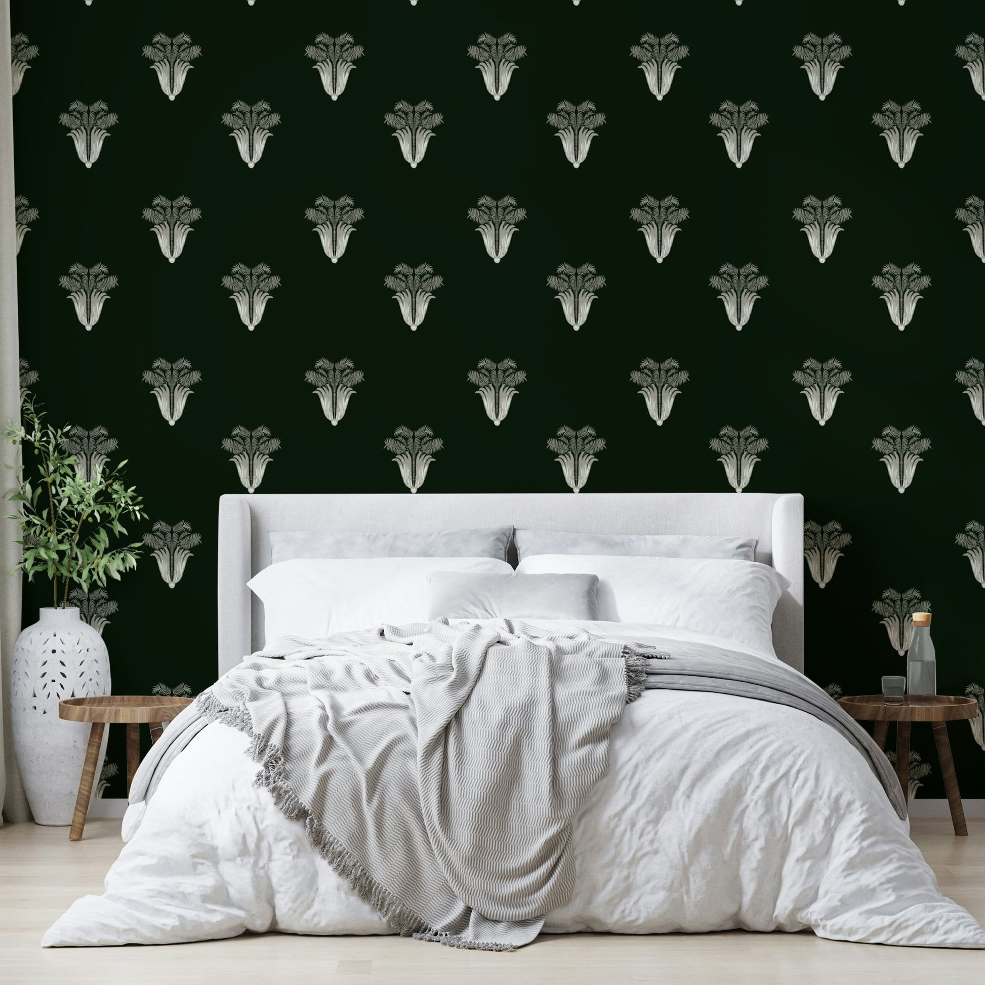 A calming foliage design wallpaper mural that defines a space.

