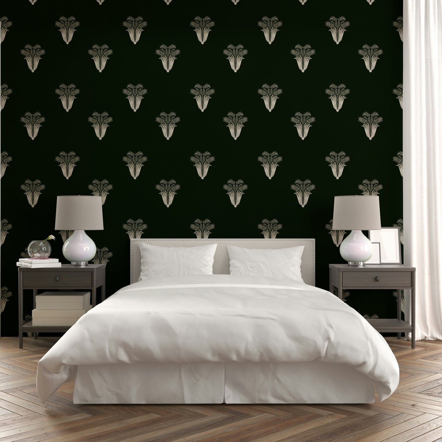 An artistic noir jungle mural on minimalist wallpaper.

