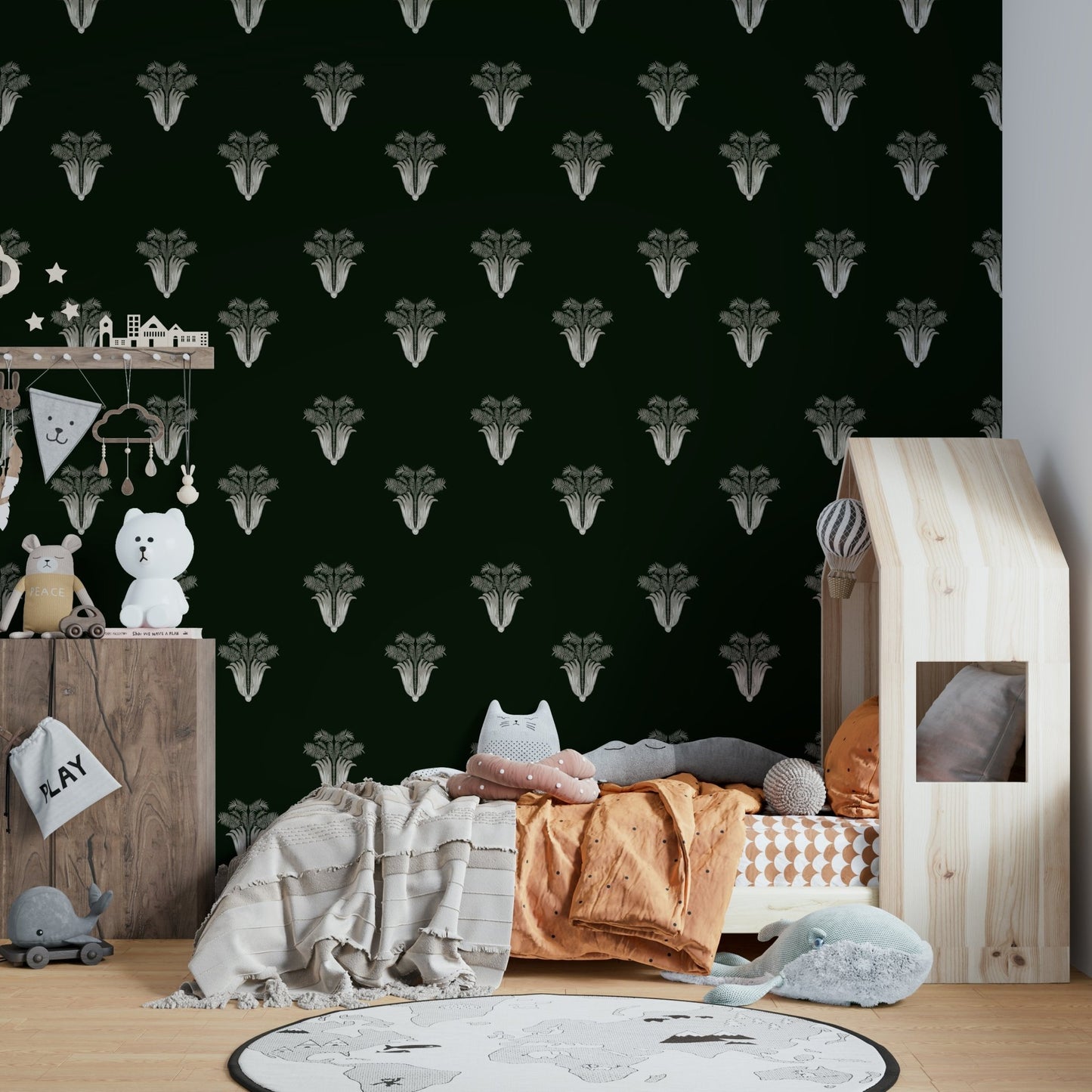 A peaceful exotic jungle mural on decorative wallpaper.

