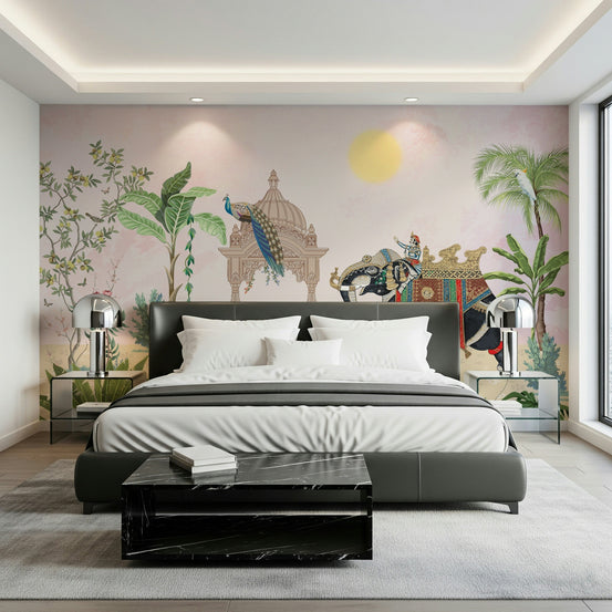 Luxurious dining space featuring the Exotic Peacock Elephant Wall Mural design., GD6254