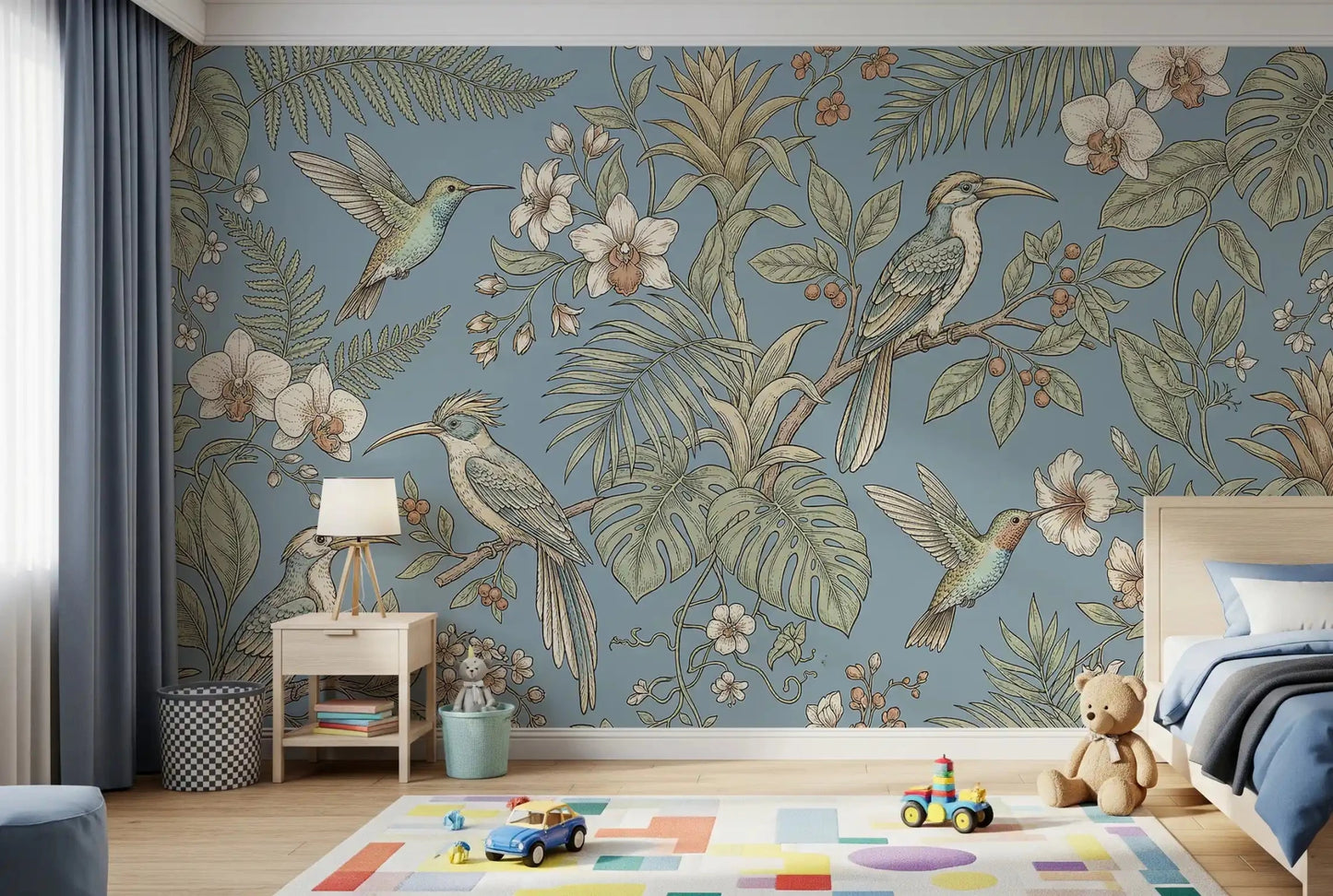 Kids room featuring Exotic Serenity Botanical Aviary wall mural and leaves, GD9427