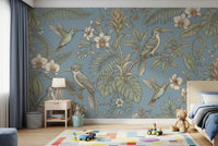 Kids room featuring Exotic Serenity Botanical Aviary wall mural and leaves, GD9427