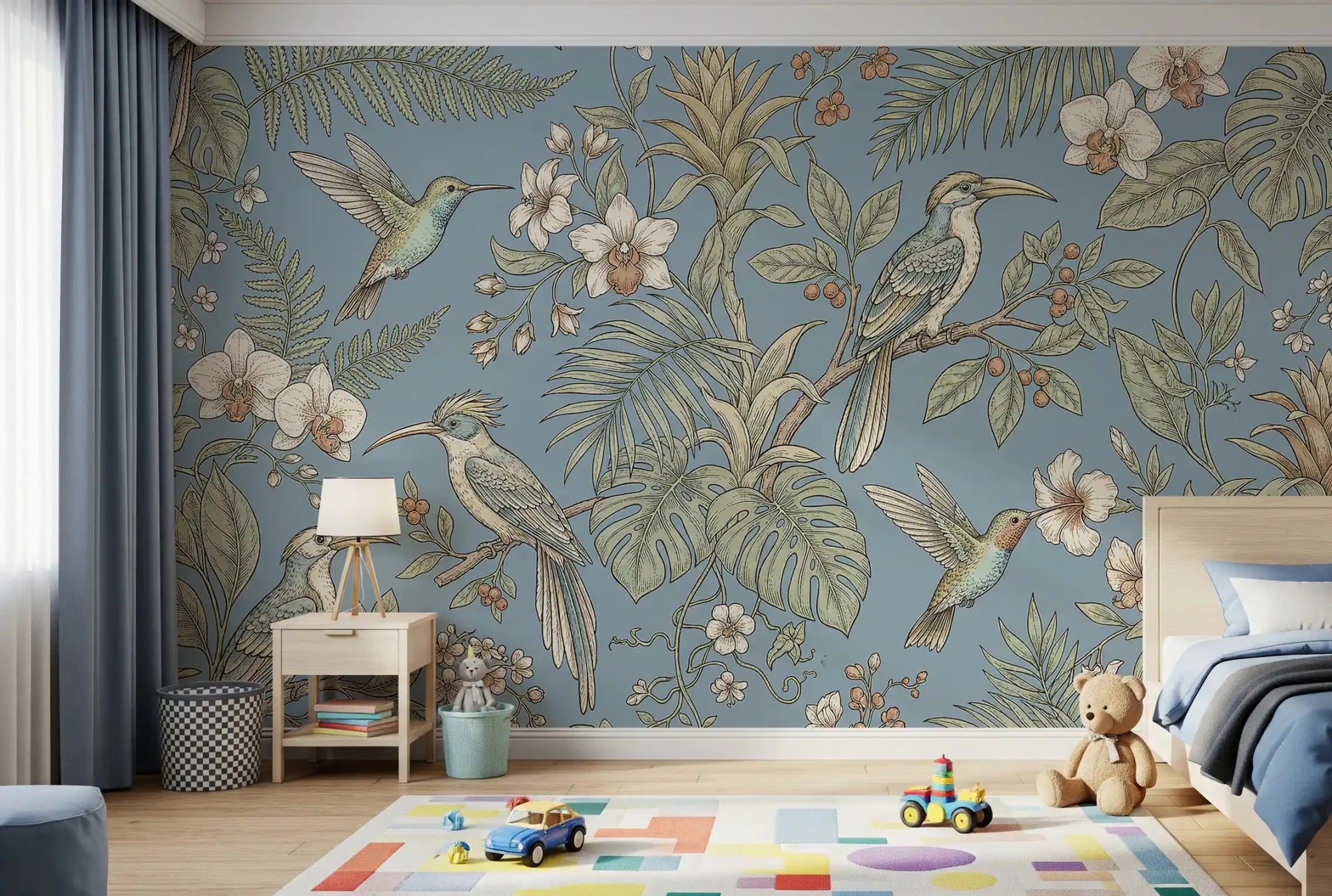 Kids room featuring Exotic Serenity Botanical Aviary wall mural and leaves, GD9427