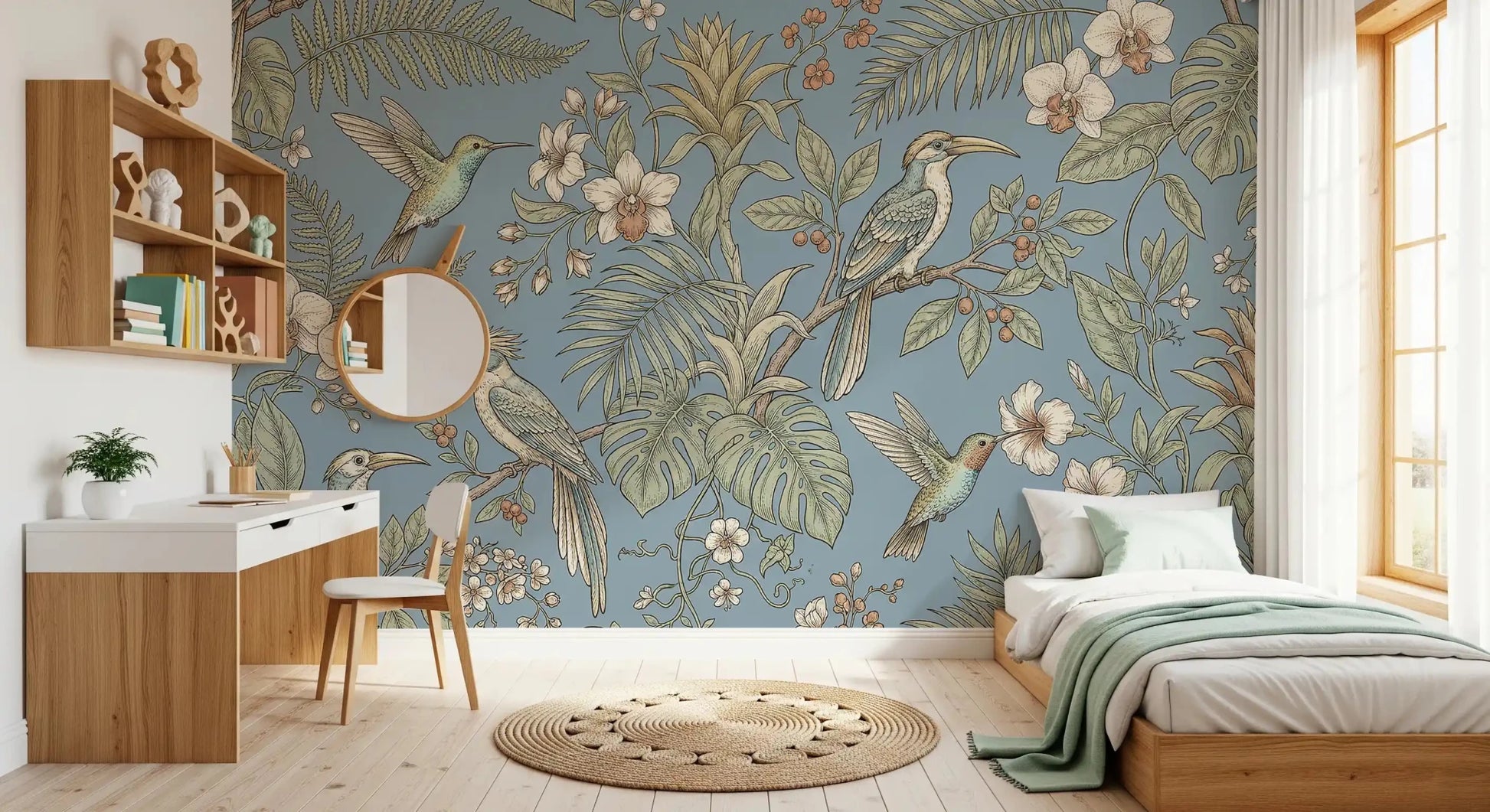 Study room setup with Exotic Serenity Botanical Aviary wall mural in soft blue, GD9427
