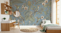 Study room setup with Exotic Serenity Botanical Aviary wall mural in soft blue, GD9427