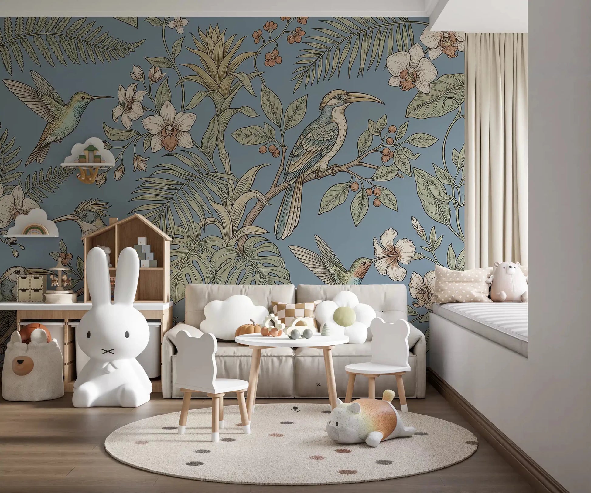 Play area wall with Exotic Serenity Botanical Aviary wall mural in blue tones, GD9427