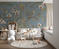 Play area wall with Exotic Serenity Botanical Aviary wall mural in blue tones, GD9427