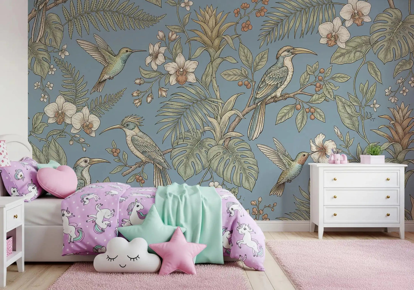 Bedroom styled in Exotic Serenity Botanical Aviary wall mural with birds, GD9427