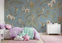 Bedroom styled in Exotic Serenity Botanical Aviary wall mural with birds, GD9427