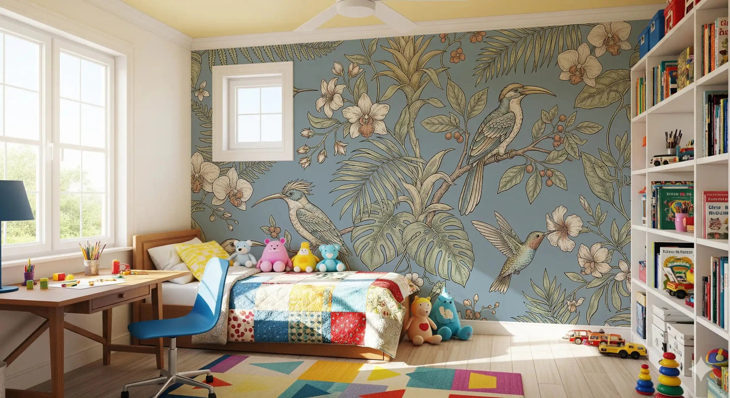 Soft birds and foliage shape Exotic Serenity Botanical Aviary wall mural, GD9427
