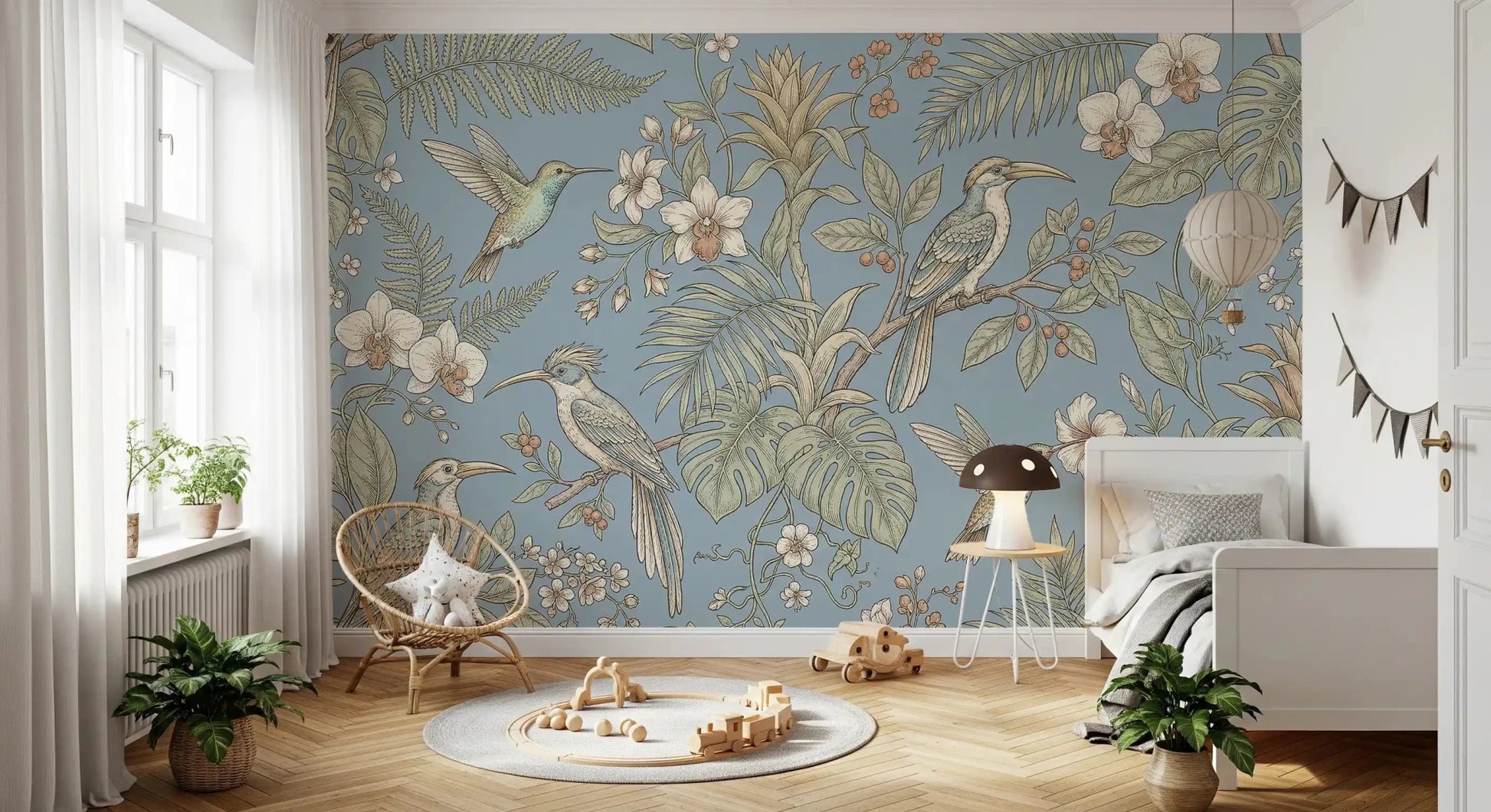 Pale blue detail defines Exotic Serenity Botanical Aviary wall mural, GD9427
