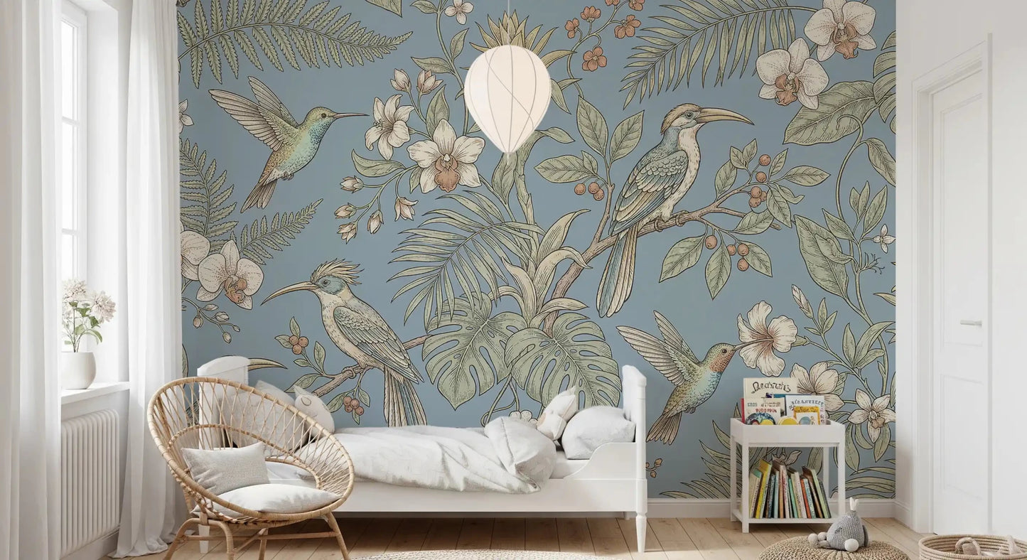 Fine floral artwork enriches Exotic Serenity Botanical Aviary wall mural, GD9427