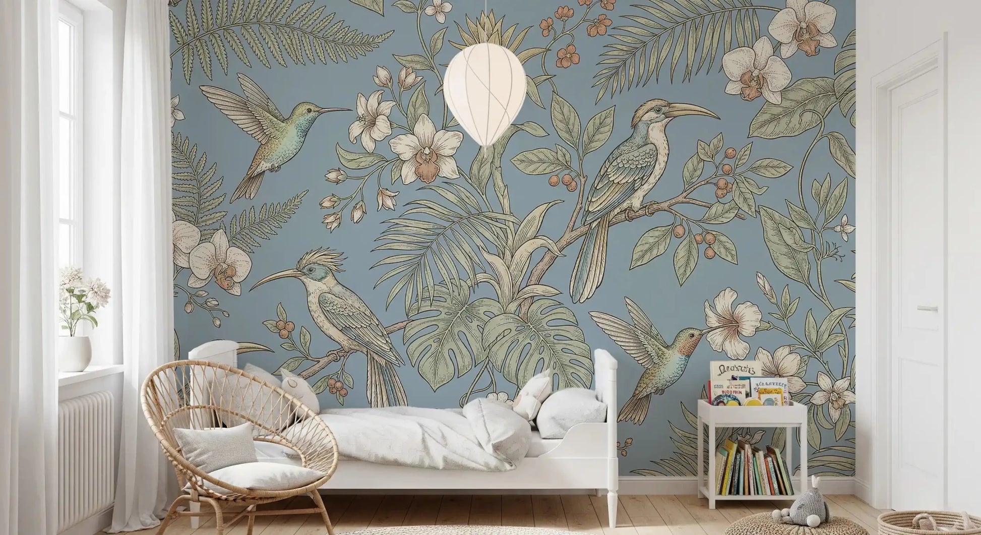 Fine floral artwork enriches Exotic Serenity Botanical Aviary wall mural, GD9427