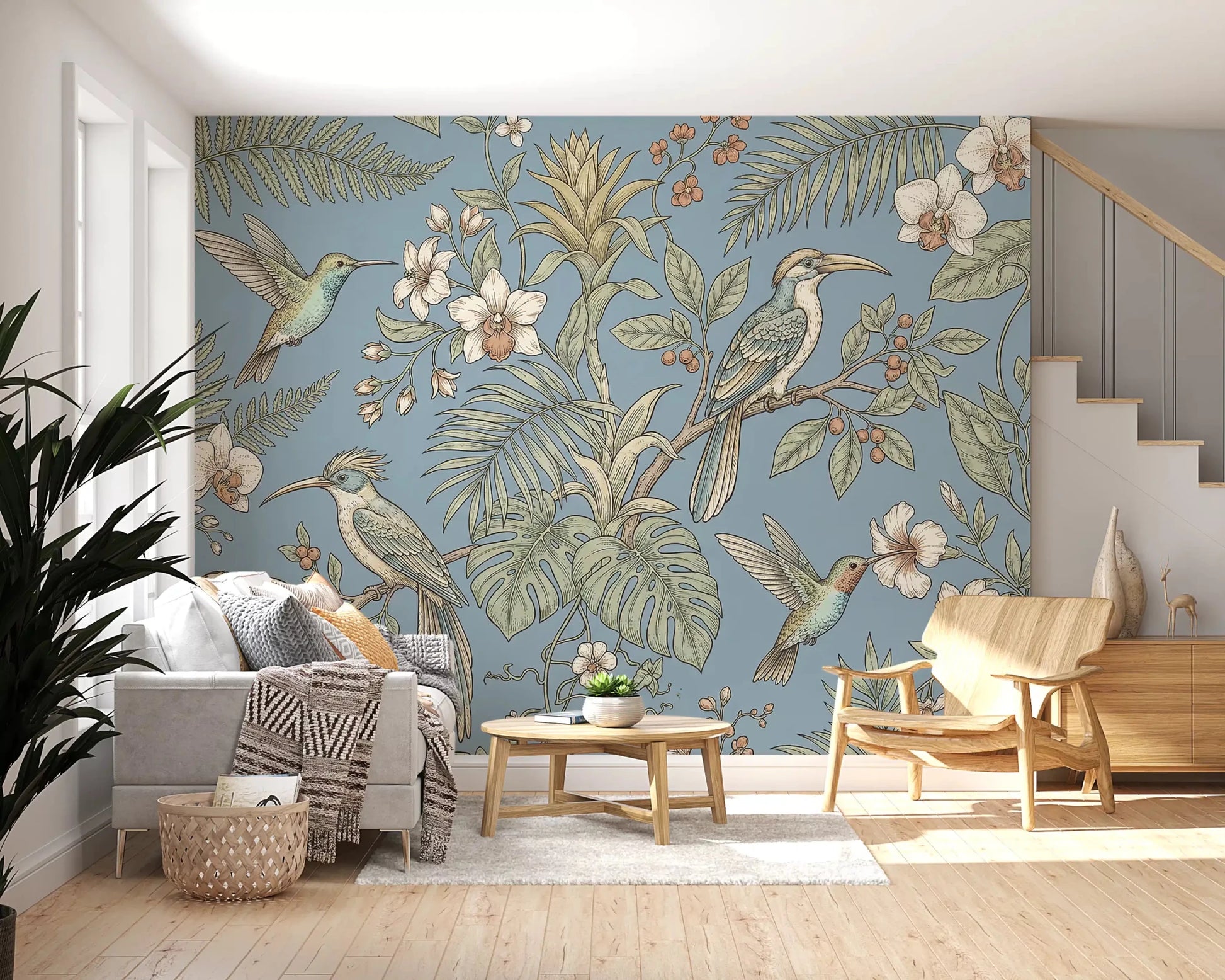 Calm bird pattern runs through Exotic Serenity Botanical Aviary wall mural, GD9427