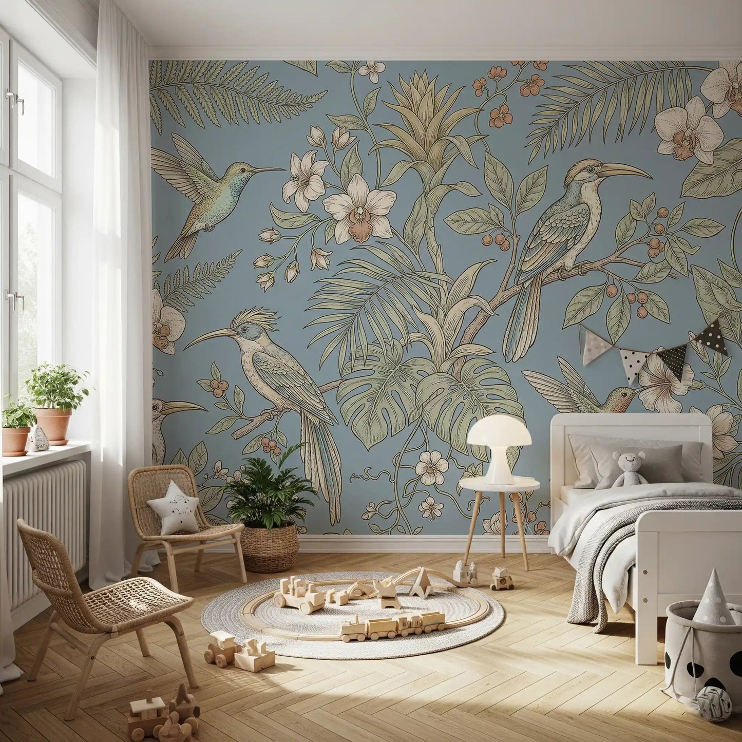 Tropical leaves frame Exotic Serenity Botanical Aviary wall mural, GD9427