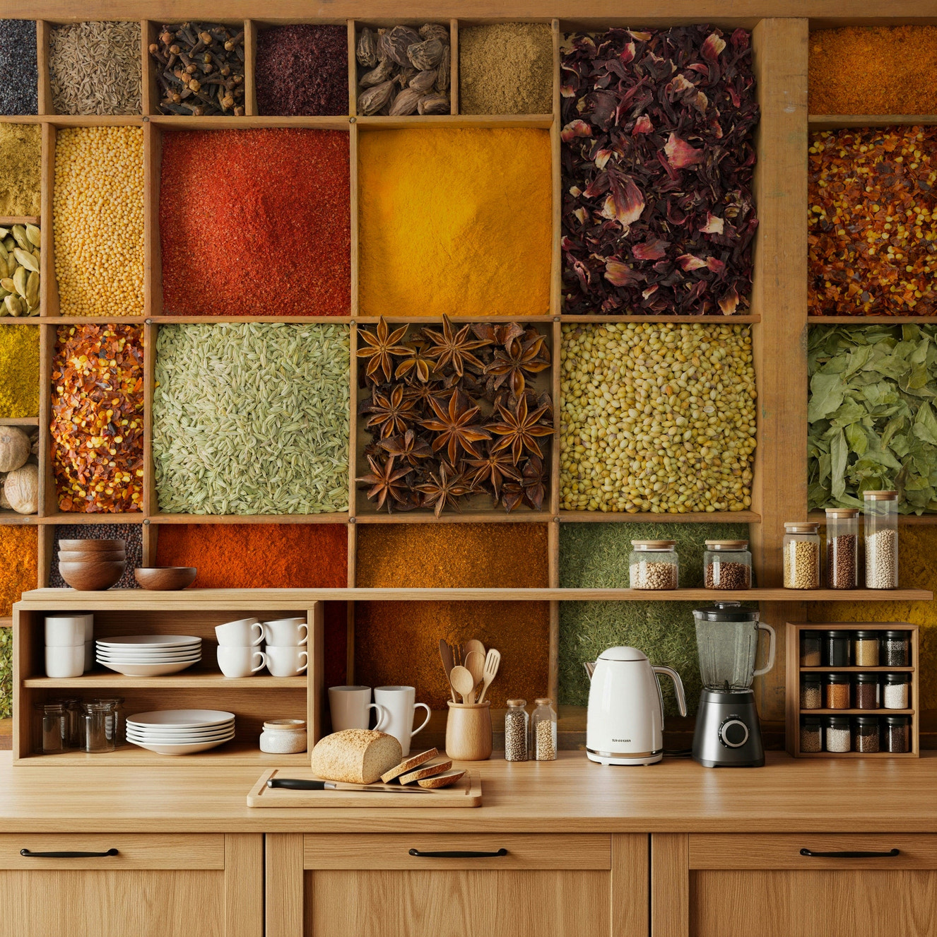 Culinary themed wallpaper for a bright and airy home cooking space.
