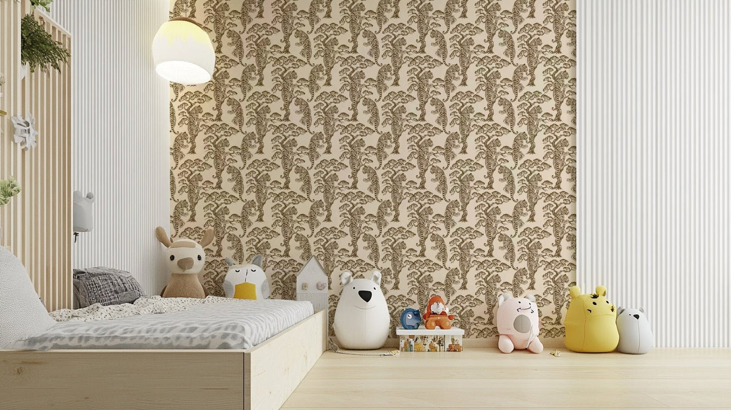 An artistic lush foliage mural on minimalist wallpaper.

