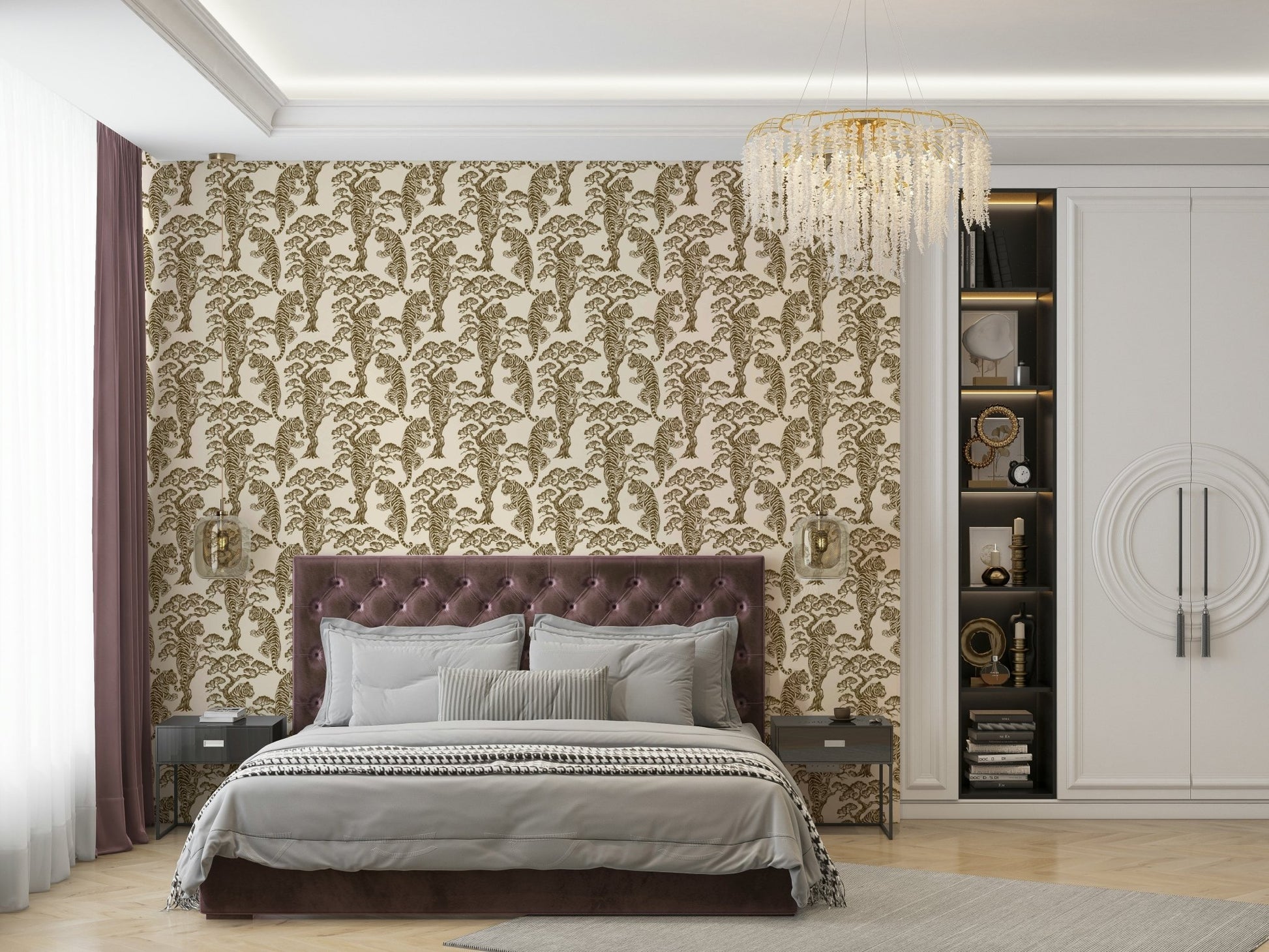A calming safari theme wallpaper mural that defines a space.

