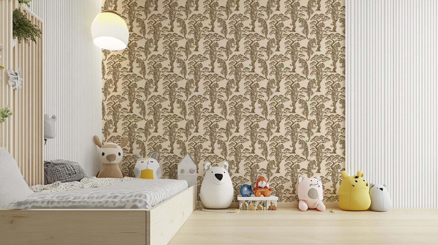 An artistic lush foliage mural on minimalist wallpaper.

