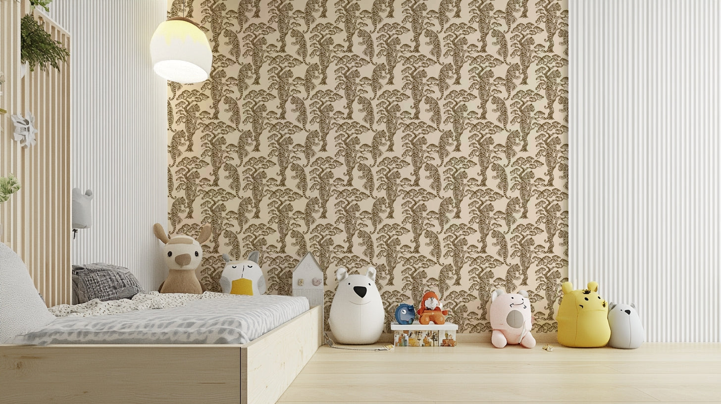 An artistic lush foliage mural on minimalist wallpaper.

