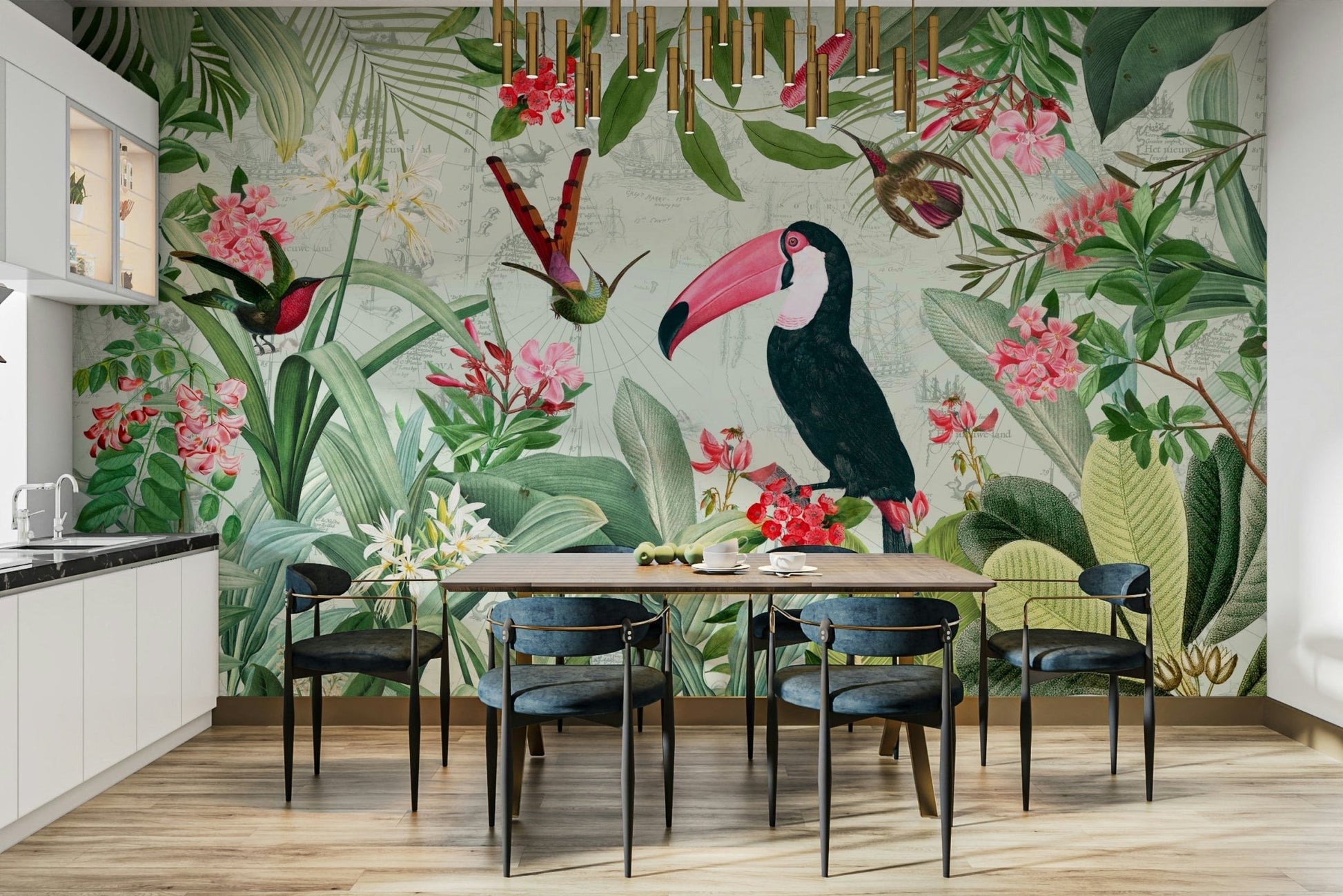 Tropical Eden wall mural with vibrant floral designs