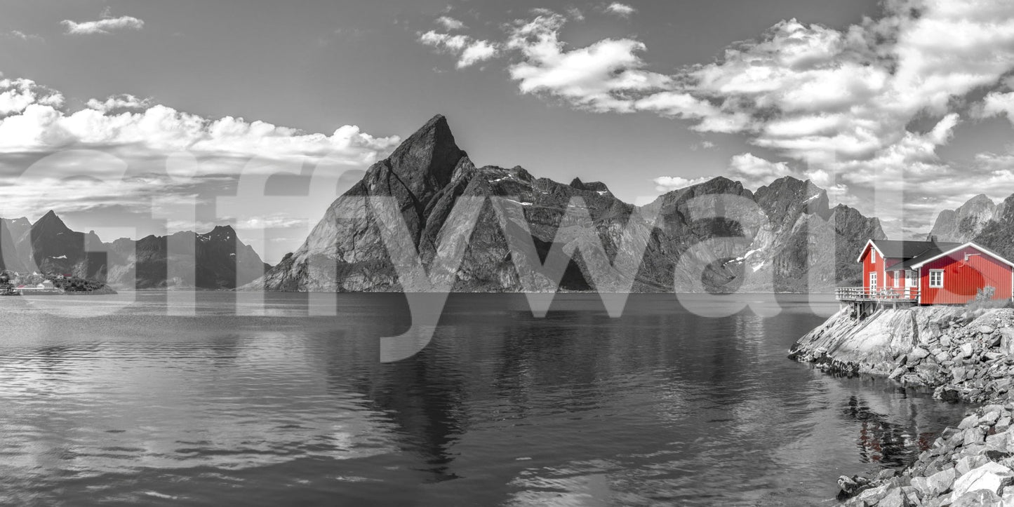 Quiet reading nook with a monochrome nature scene and a pop of red architectural detail.