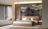 Monochrome landscape wall decor for a modern bedroom showing calm waters and peaks.