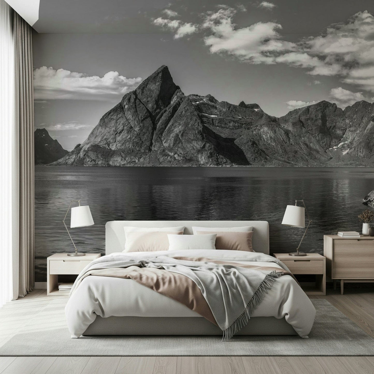 Master bedroom decor with a high-contrast black, white, and red landscape print.