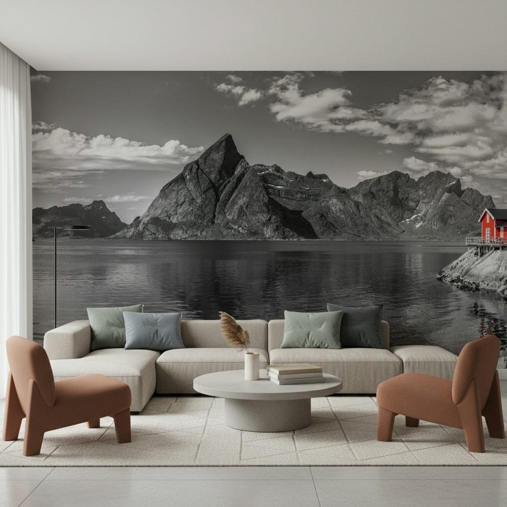 Red cabin accent in a black and white nature mural for a contemporary dining space.